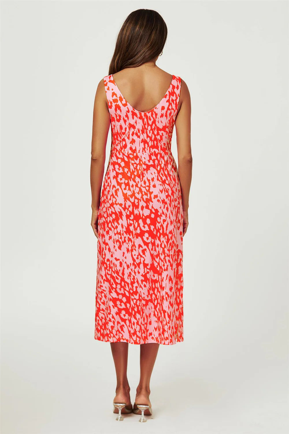 Leopard Print V Neck Knot Front Midi Dress In Pink