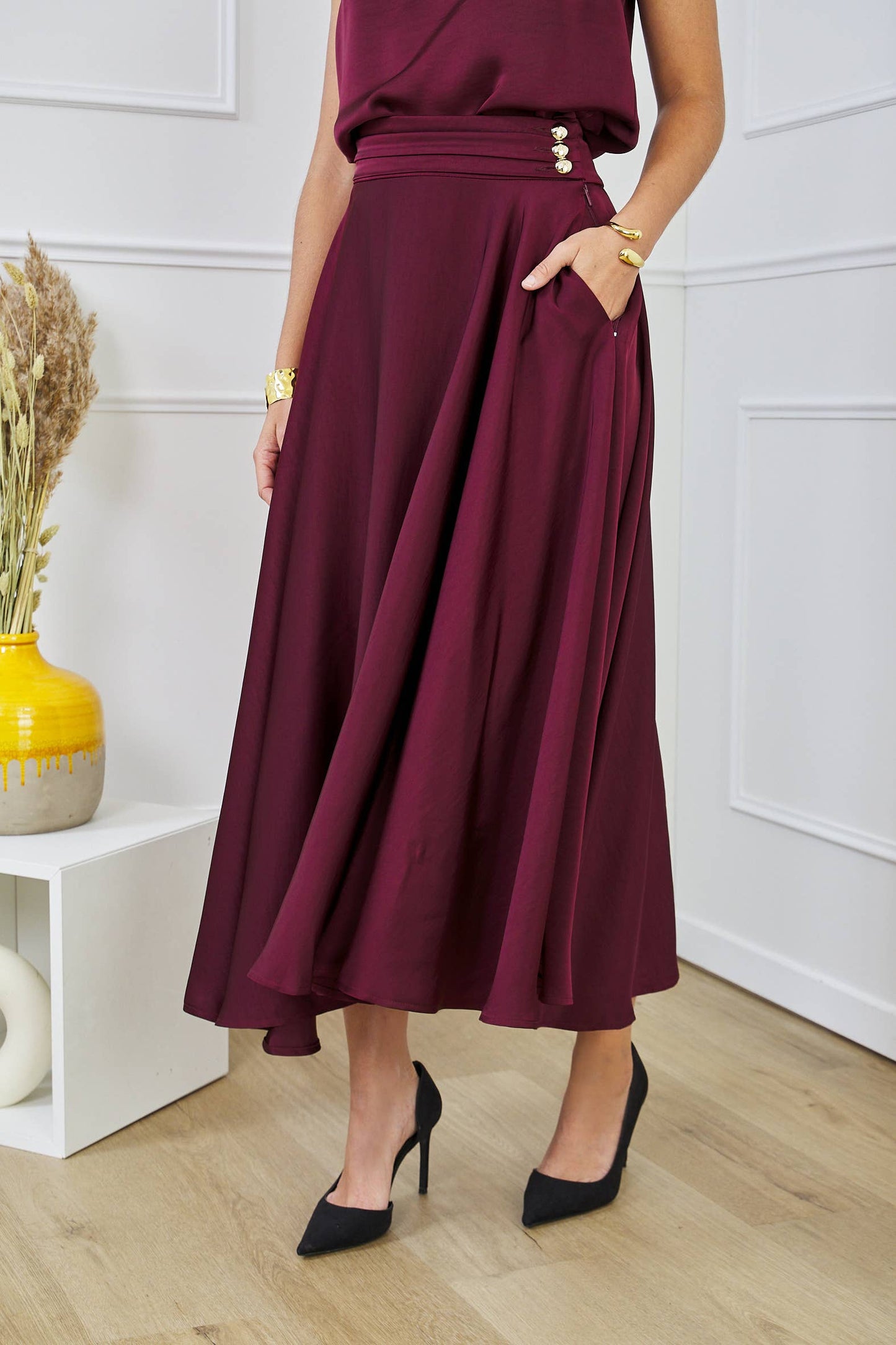 Satin Maxi Skirt in Bordeaux
