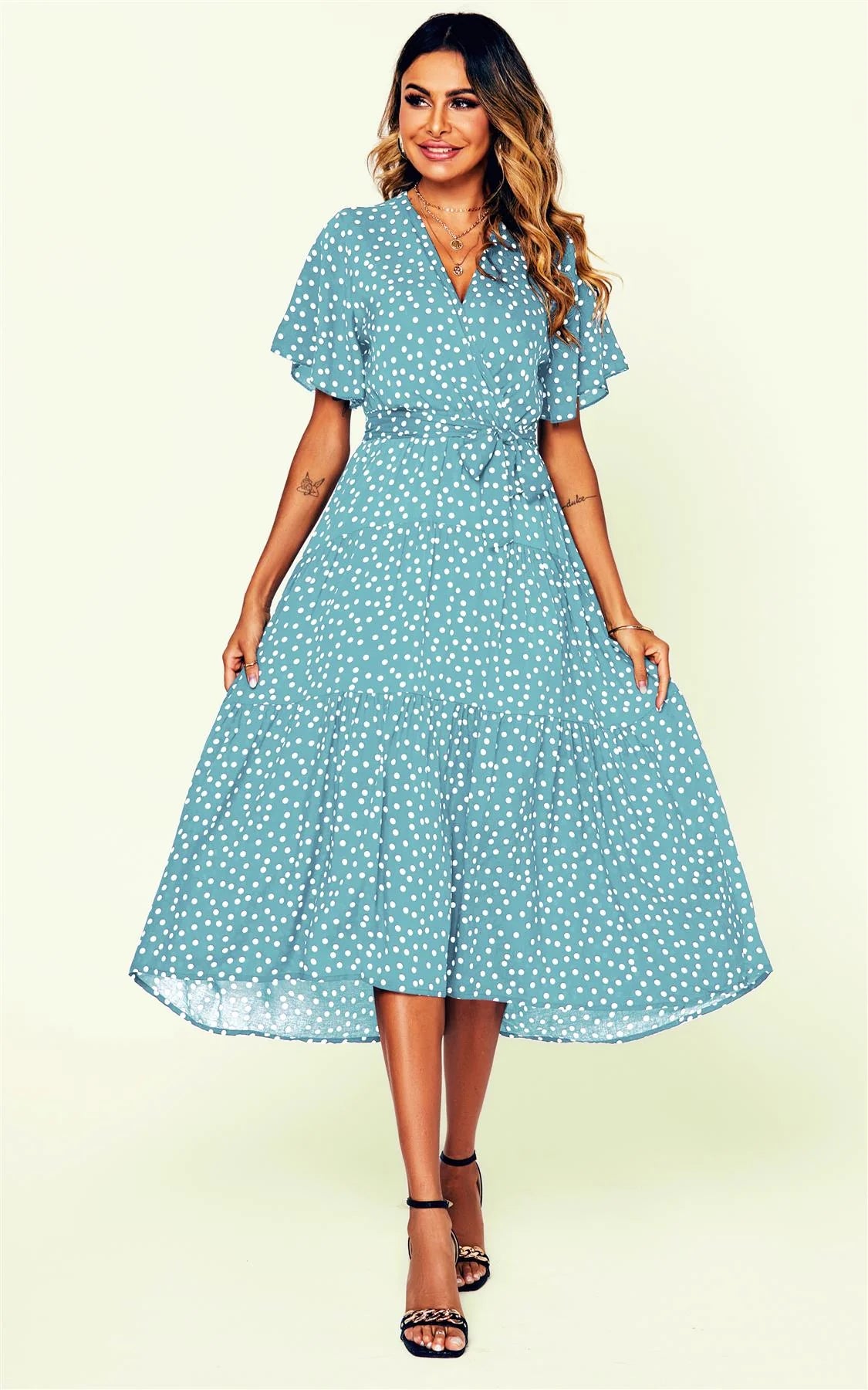 Polka dot wrap dress in blue
