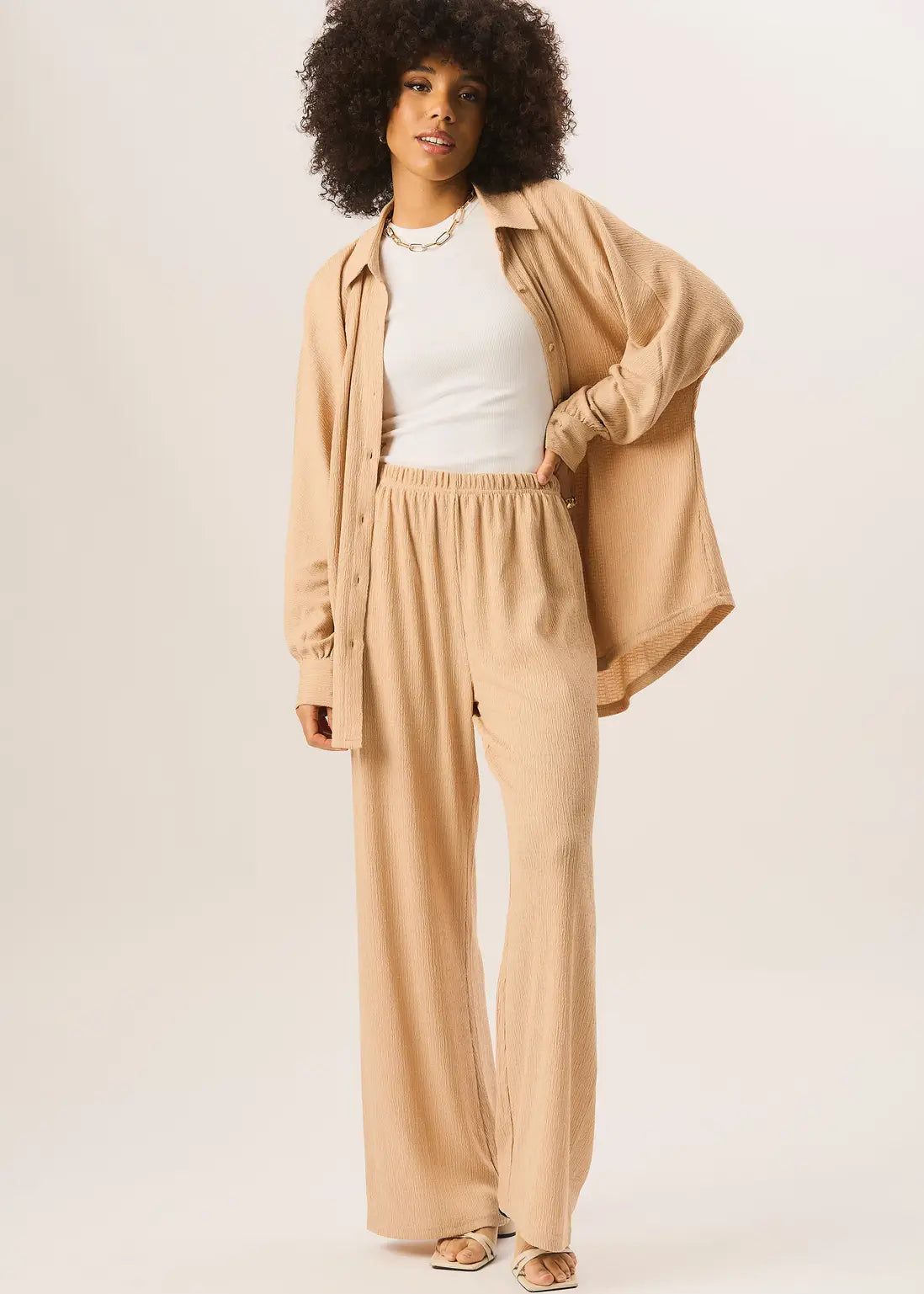 Camel Textured Pull On Wide Leg Trousers