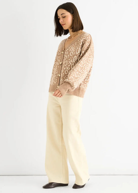 Camel Animal Print Wool Mix Cardigan Look Jumper