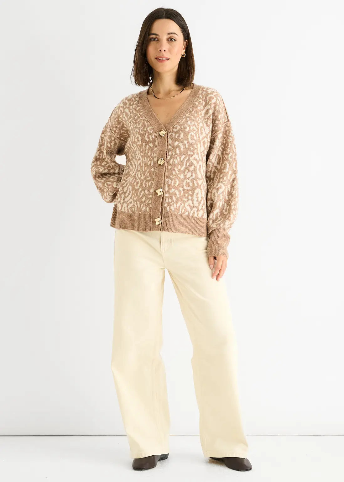 Camel Animal Print Wool Mix Cardigan Look Jumper