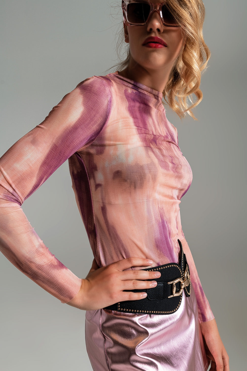 Mesh Top in Abstract Pink