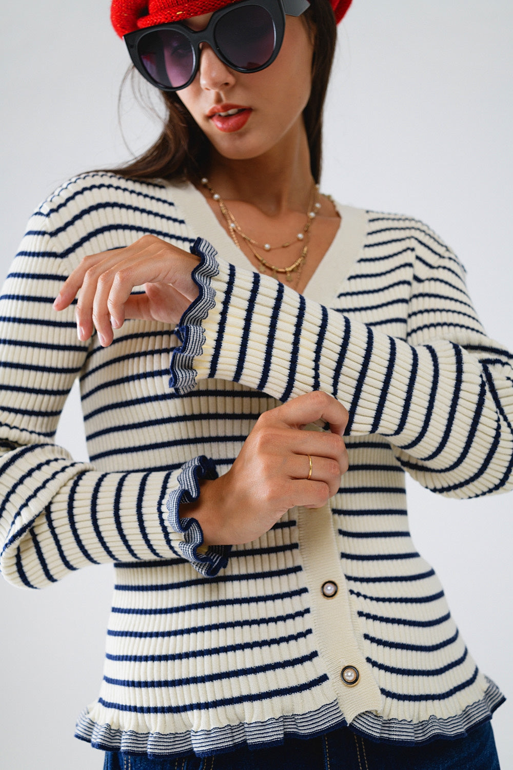 Cardigan with Navy Stripe and Frill Detail