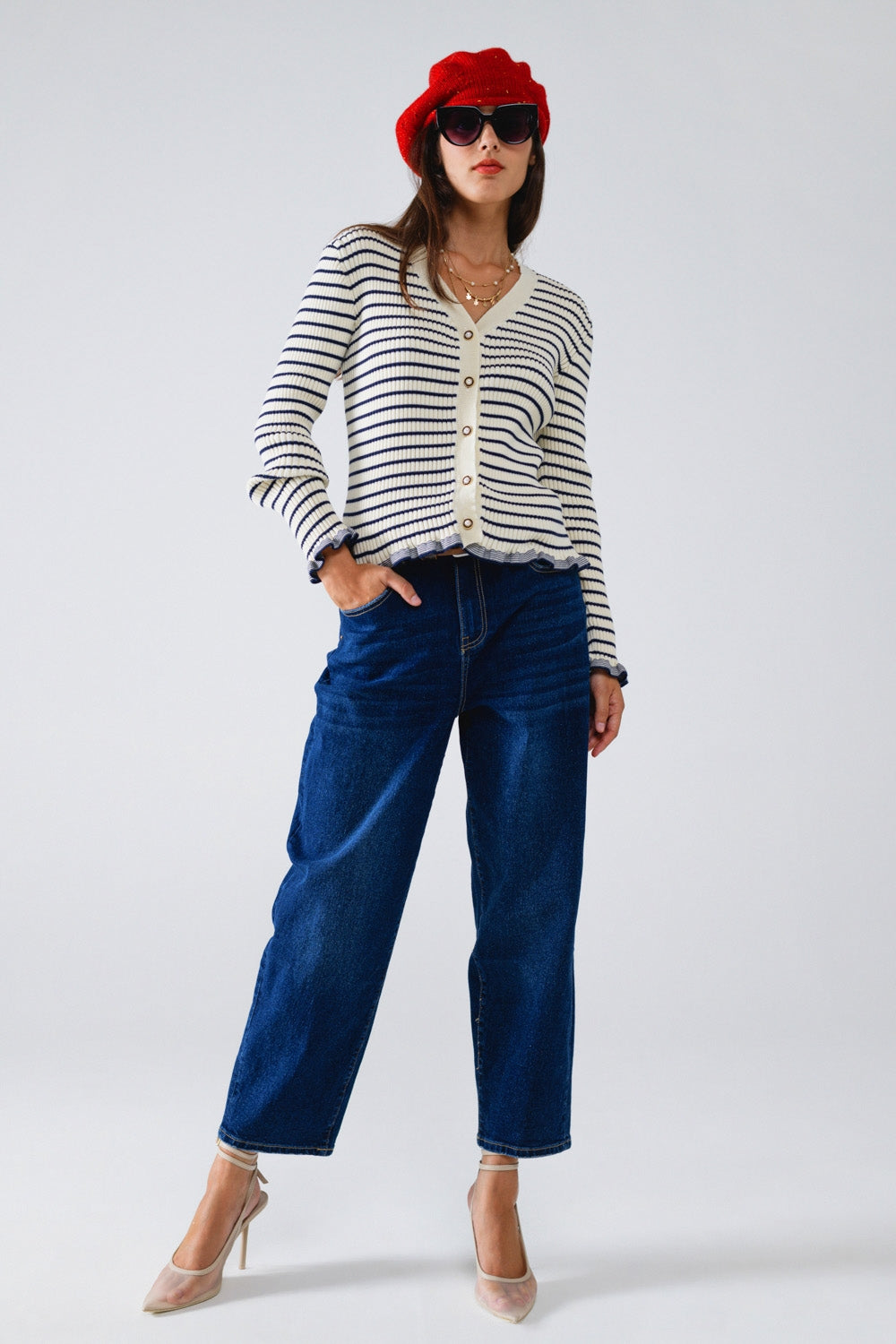 Cardigan with Navy Stripe and Frill Detail