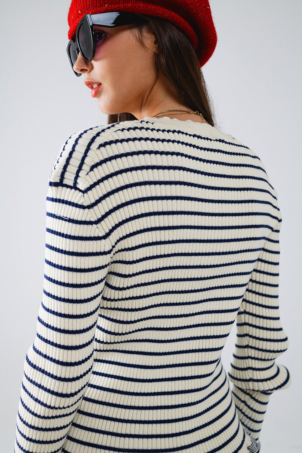 Cardigan with Navy Stripe and Frill Detail