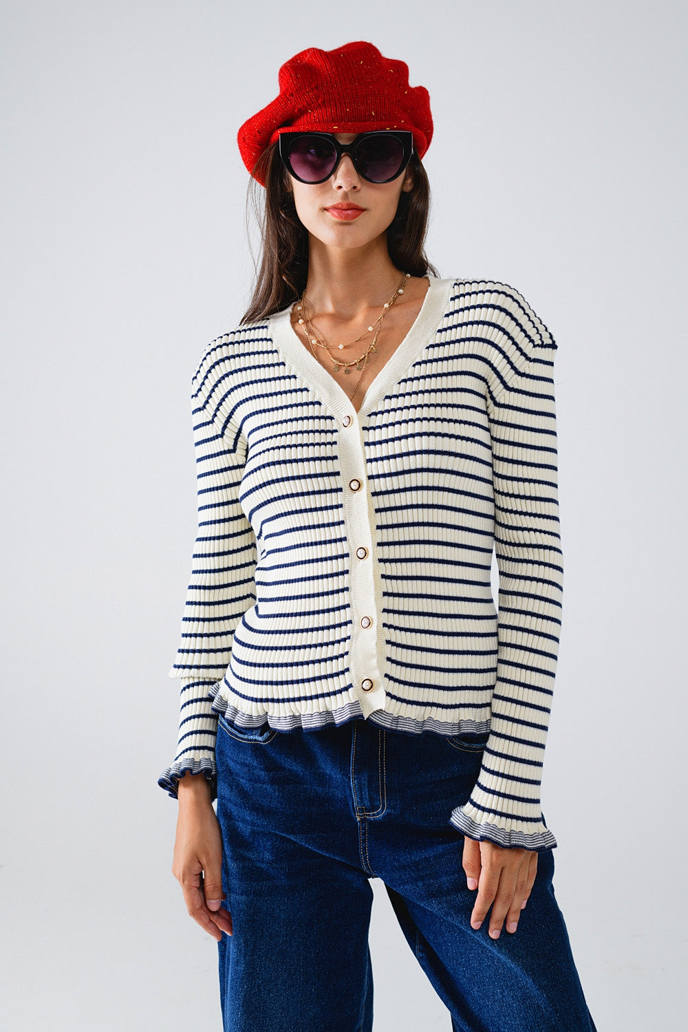 Cardigan with Navy Stripe and Frill Detail