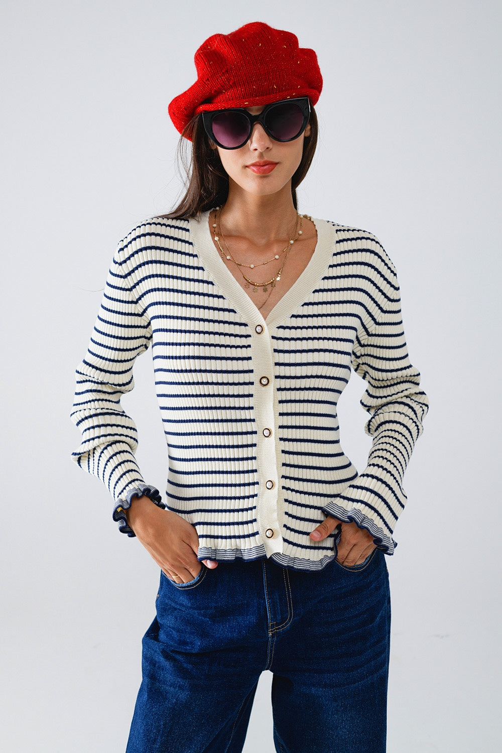 Cardigan with Navy Stripe and Frill Detail