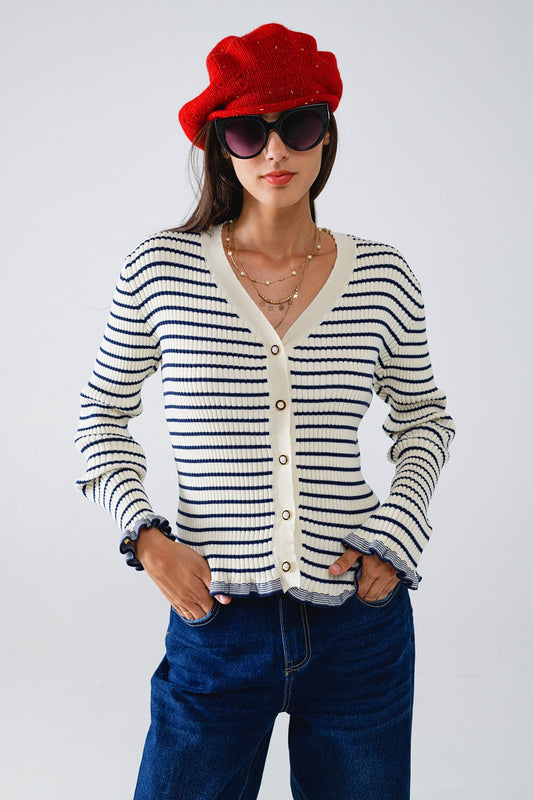 Cardigan with Navy Stripe and Frill Detail