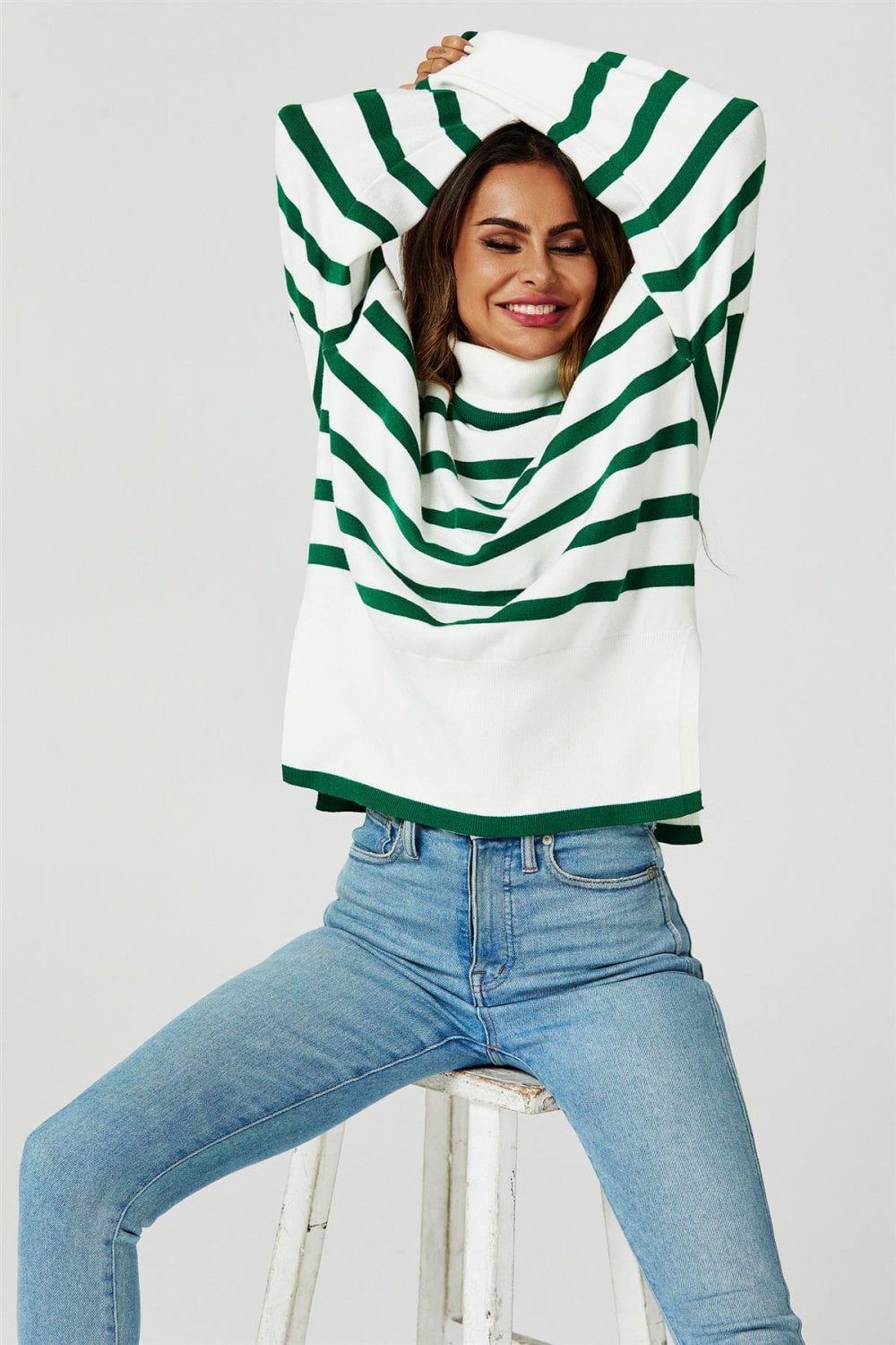 Striped Roll Neck Jumper in Green