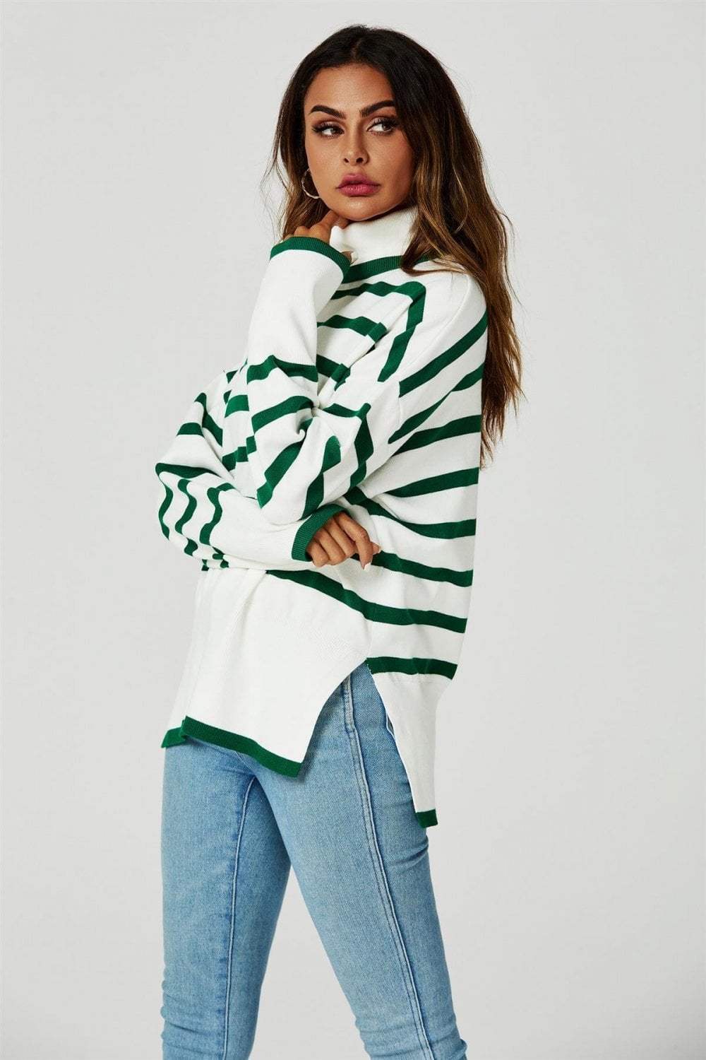 Striped Roll Neck Jumper in Green