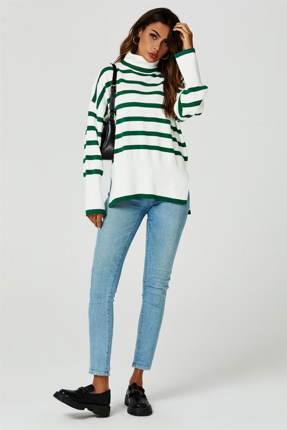 Striped Roll Neck Jumper in Green