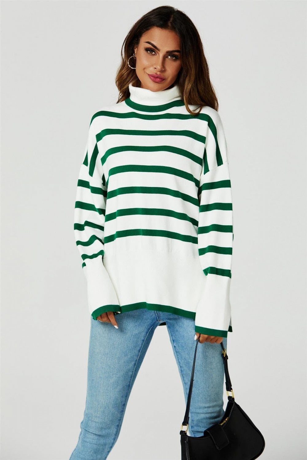 Striped Roll Neck Jumper in Green