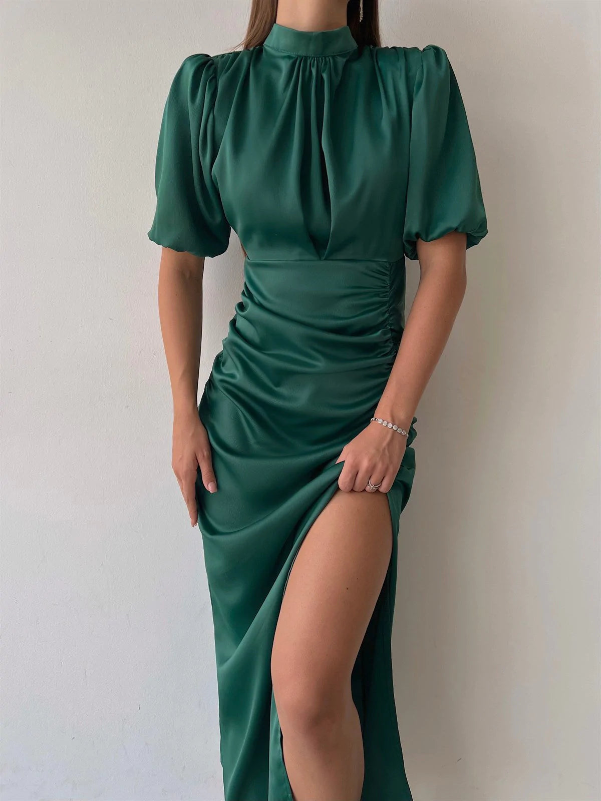 Ruched Dress in Emerald Green