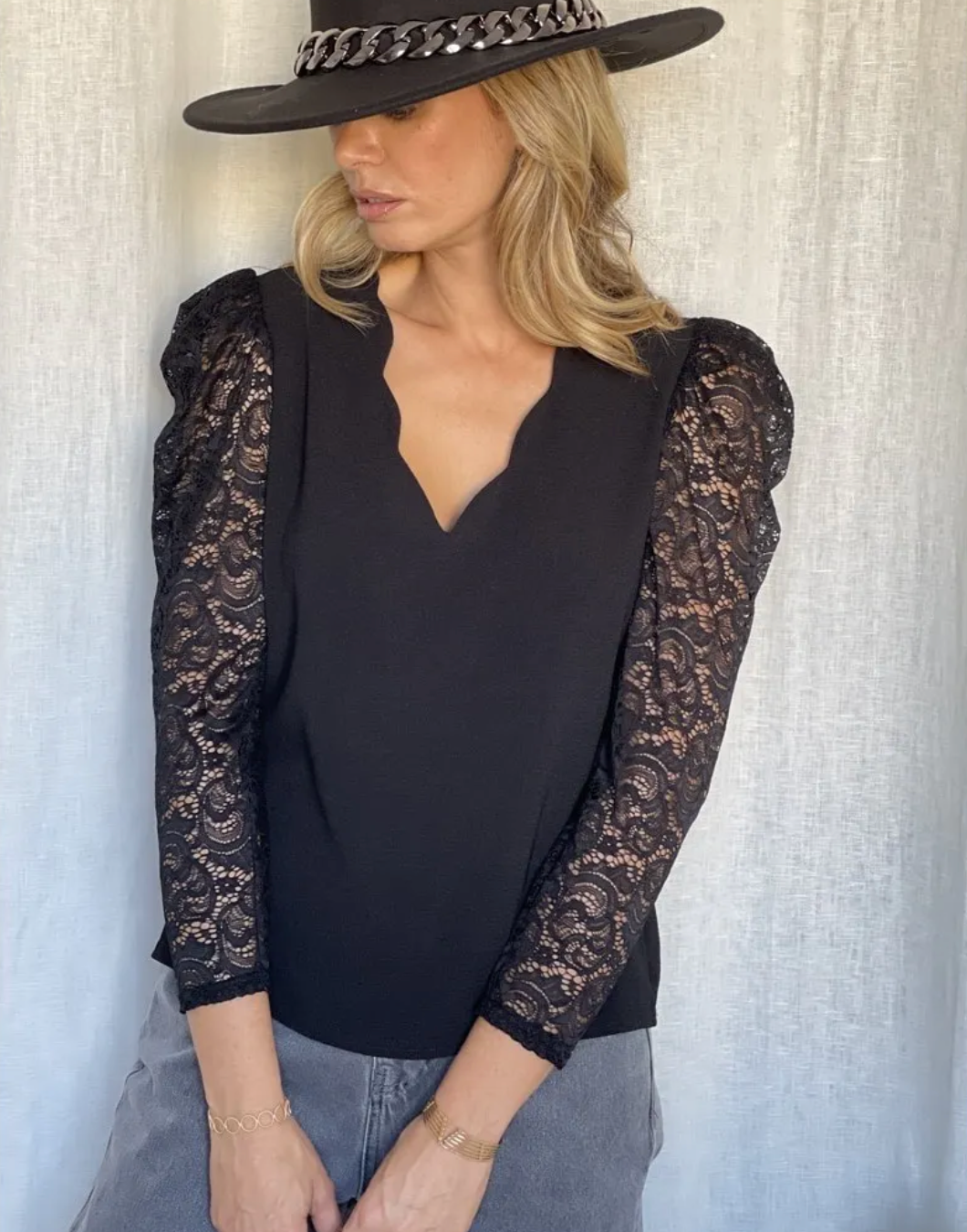Lace Sleeve Blouse in Black
