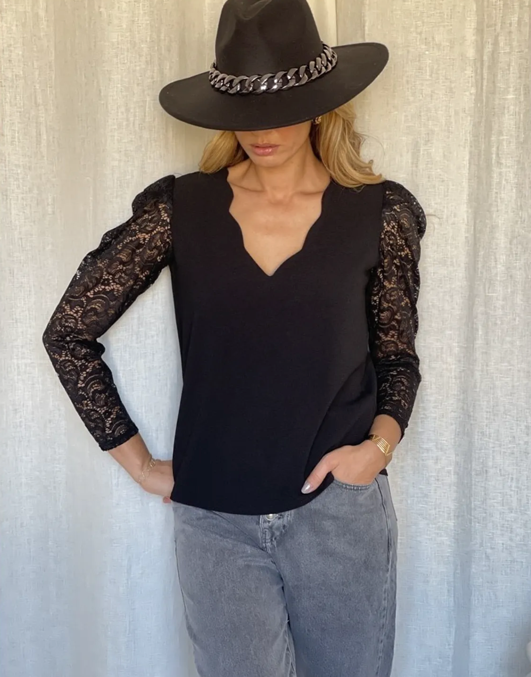 Lace Sleeve Blouse in Black