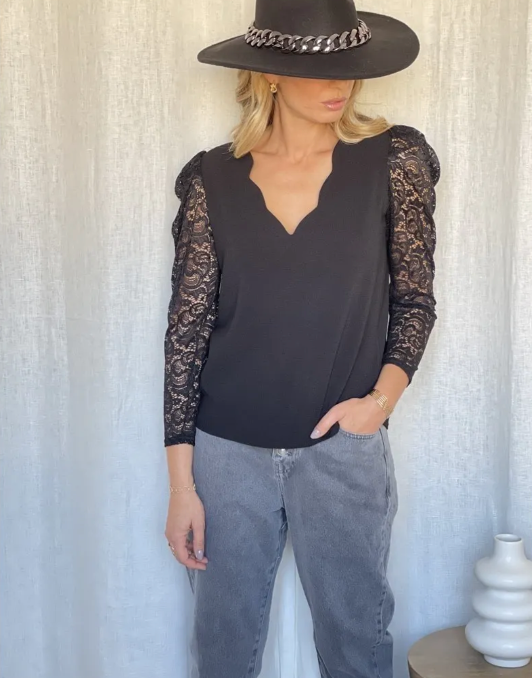 Lace Sleeve Blouse in Black