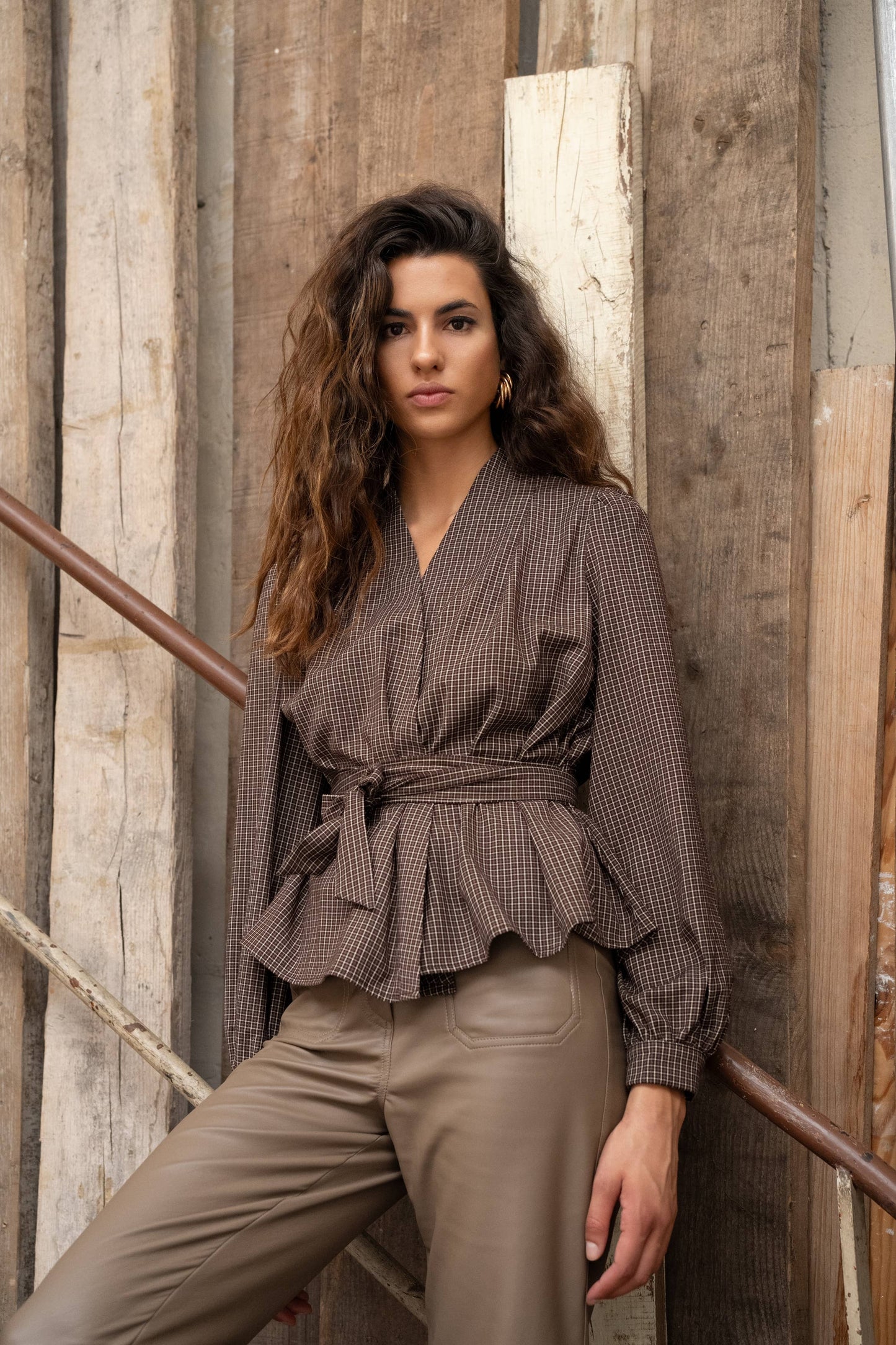 Checked wrap blouse in checked brown