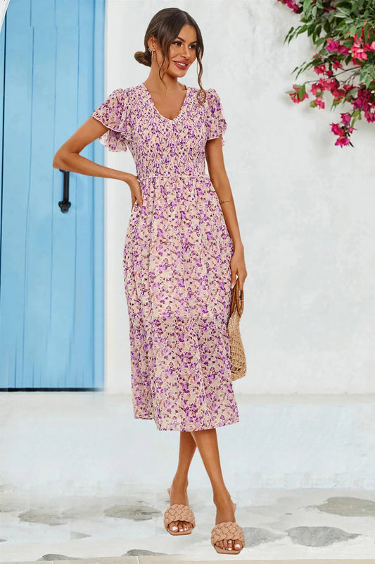 Floral Print Angel Sleeve Midi Dress in Purple