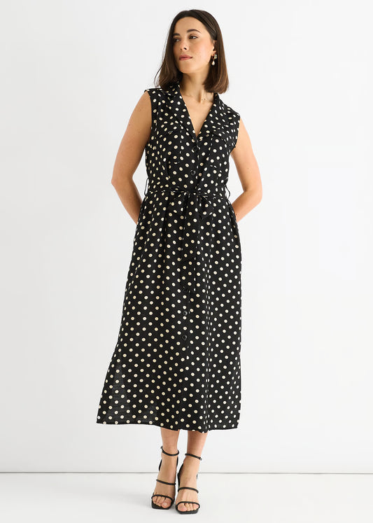 Black Spot Print Belted Shirt Midi Dress