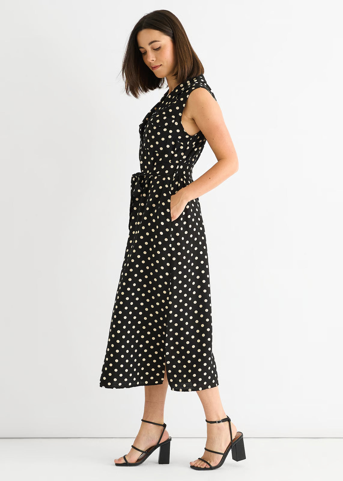 Black Spot Print Belted Shirt Midi Dress