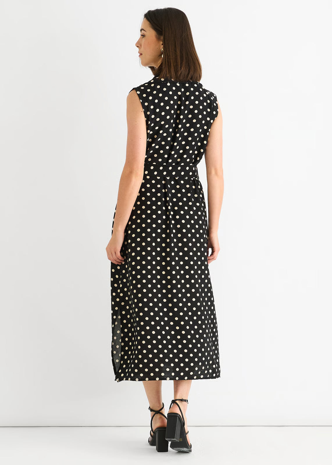 Black Spot Print Belted Shirt Midi Dress