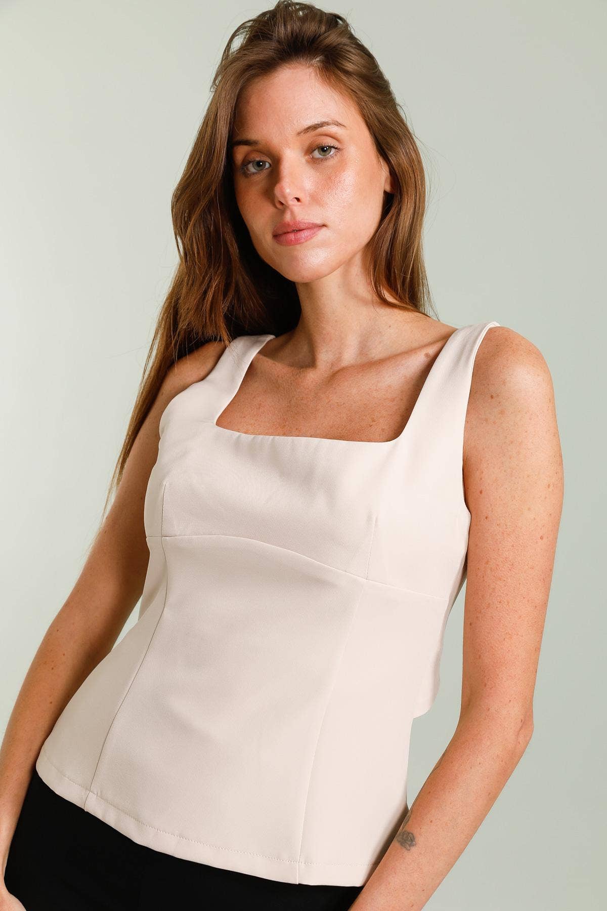 Square neck top with back knot in Beige