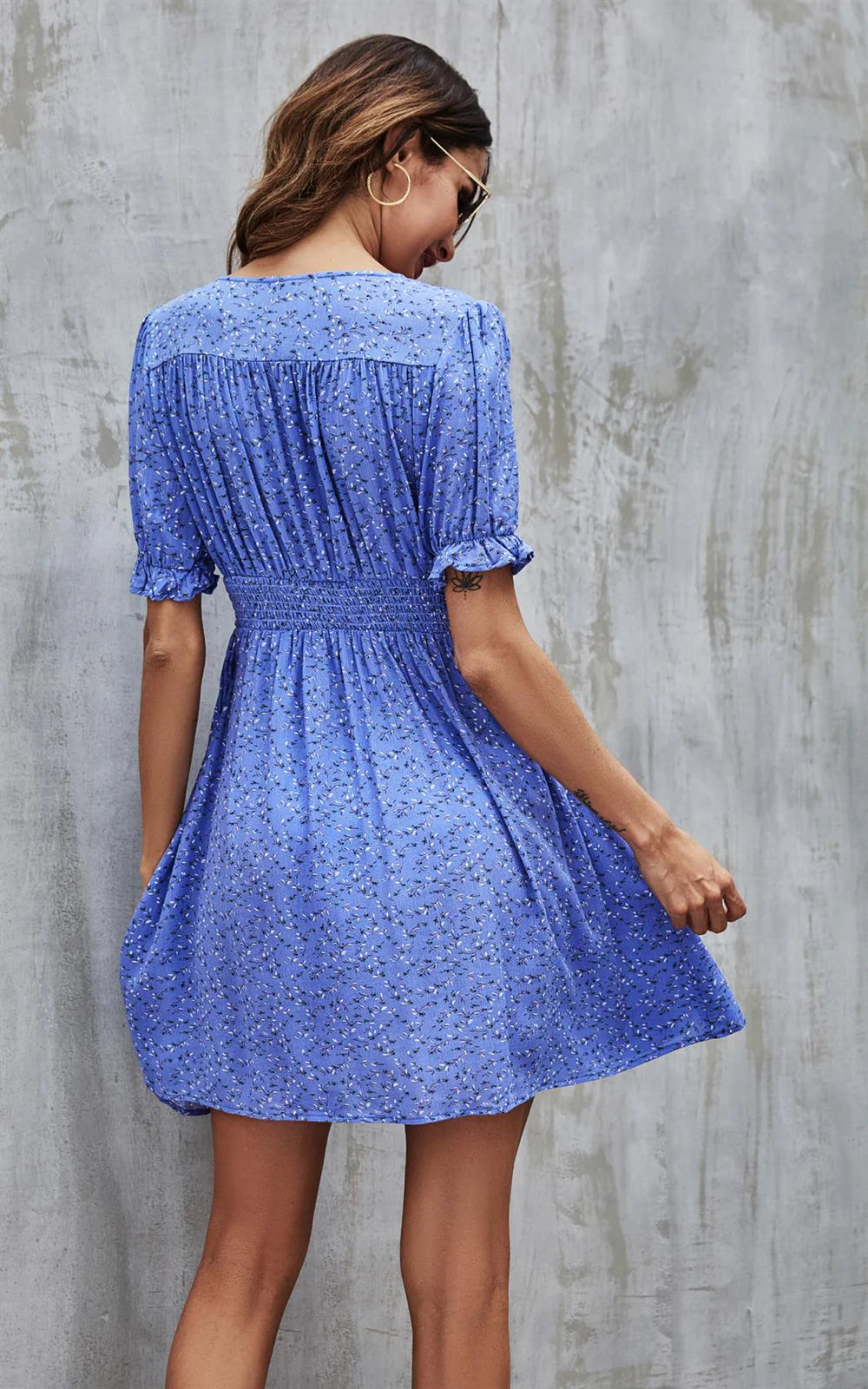 White Floral Mini Dress in Blue