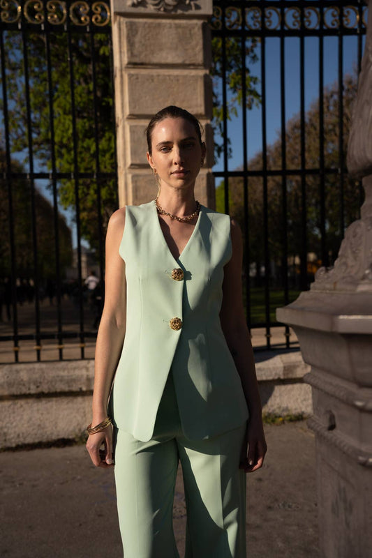 Long sleeveless vest with textured gold buttons: Water Green