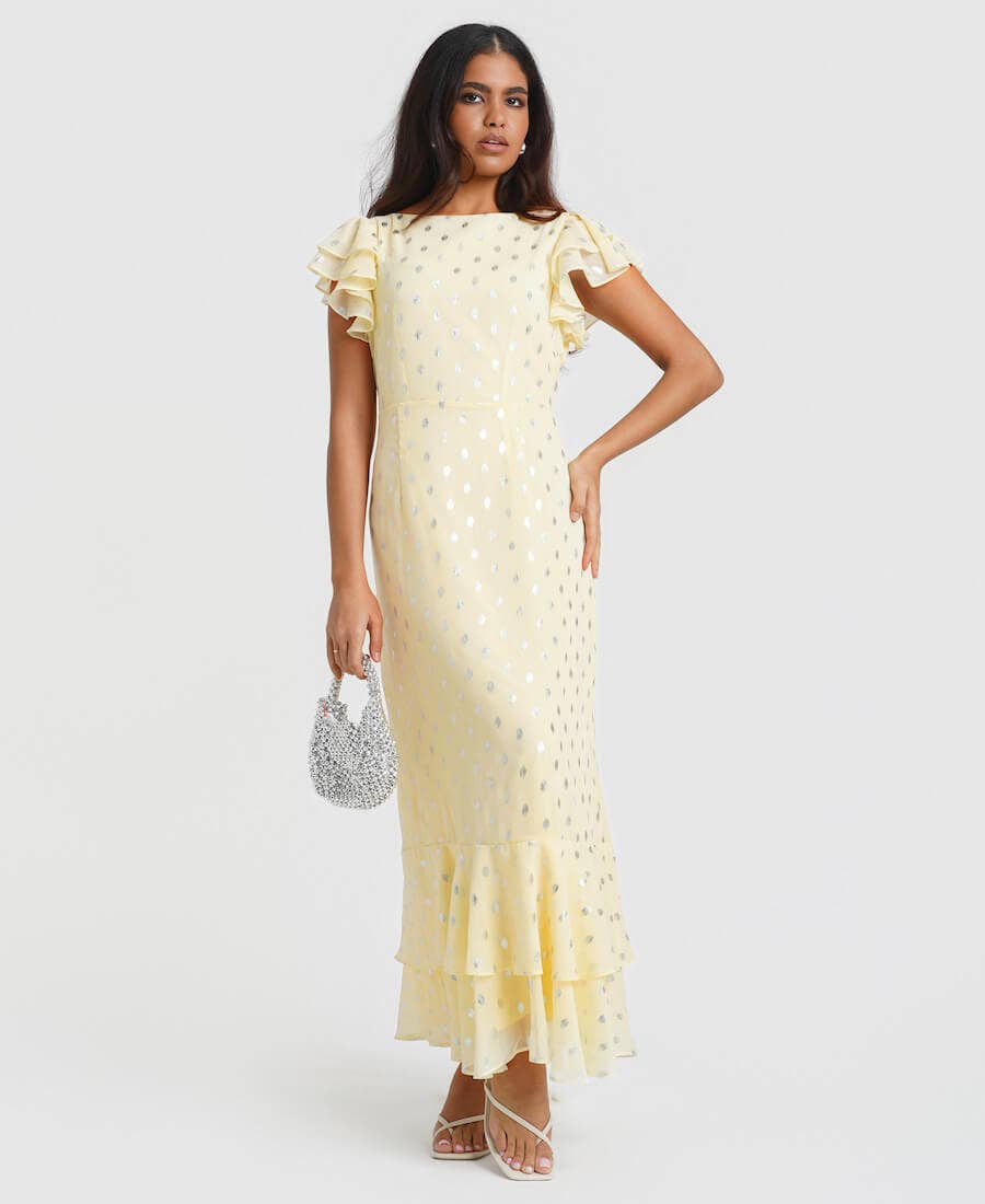Lemon Flutter Sleeve Foil Midaxi Dress