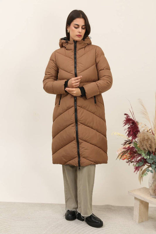 Mid-length down jacket with hood in Camel
