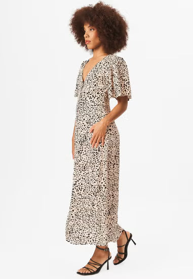 Beige Animal Print Button Down Midi Dress