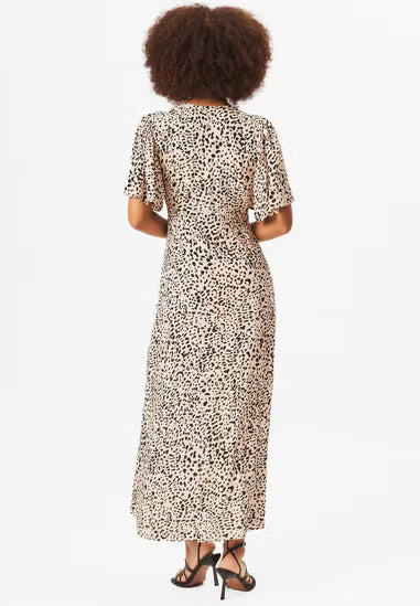 Beige Animal Print Button Down Midi Dress