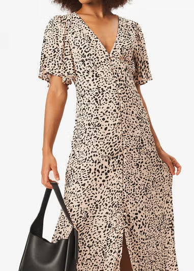 Beige Animal Print Button Down Midi Dress