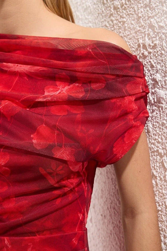 Patterned Tulle Midi Dress in Red