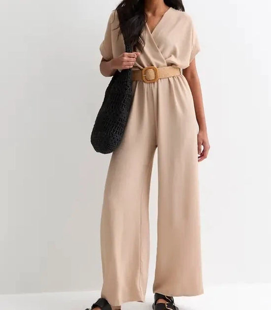 Beige Short Sleeve Jumpsuit