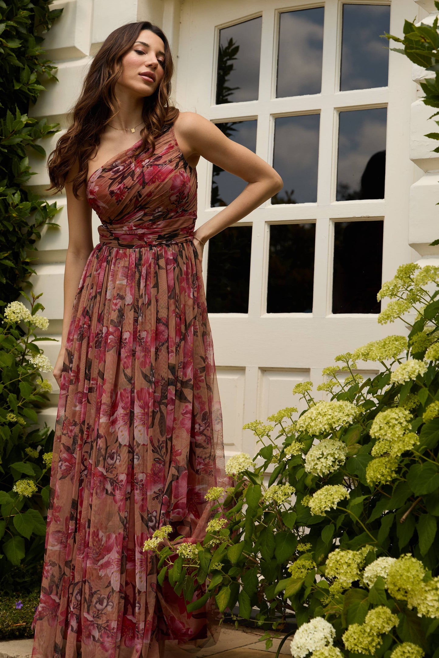 One Shoulder Maxi Dress in Red Rose Floral