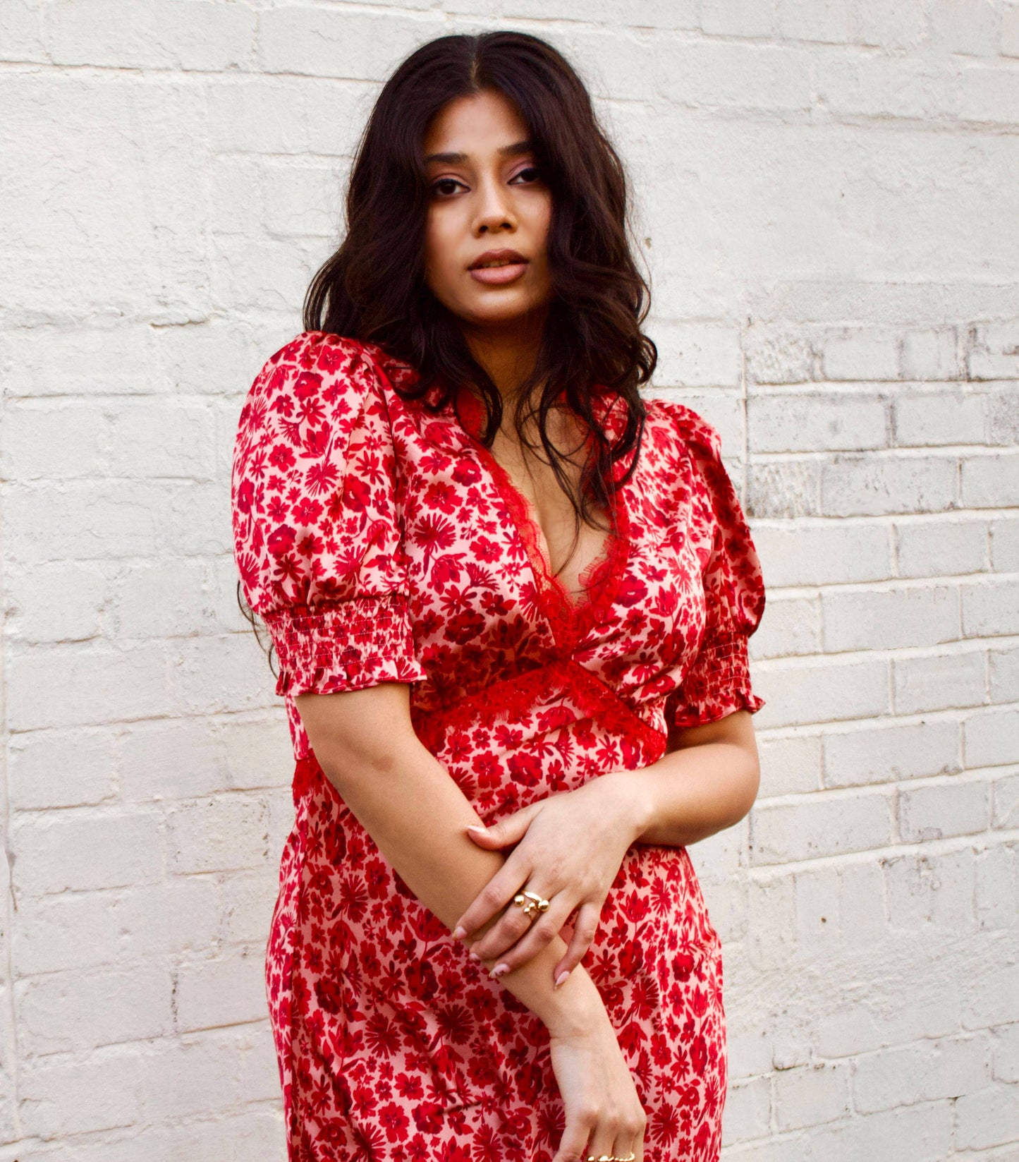 Red Floral Lace Trim V Neck Midi Dress