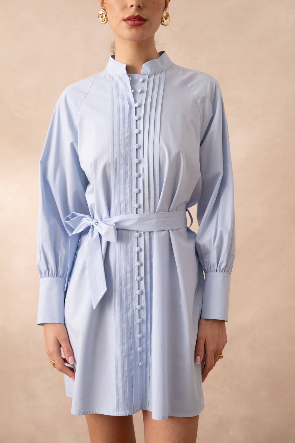 Cotton shirt dress with tie belt: Sky Blue
