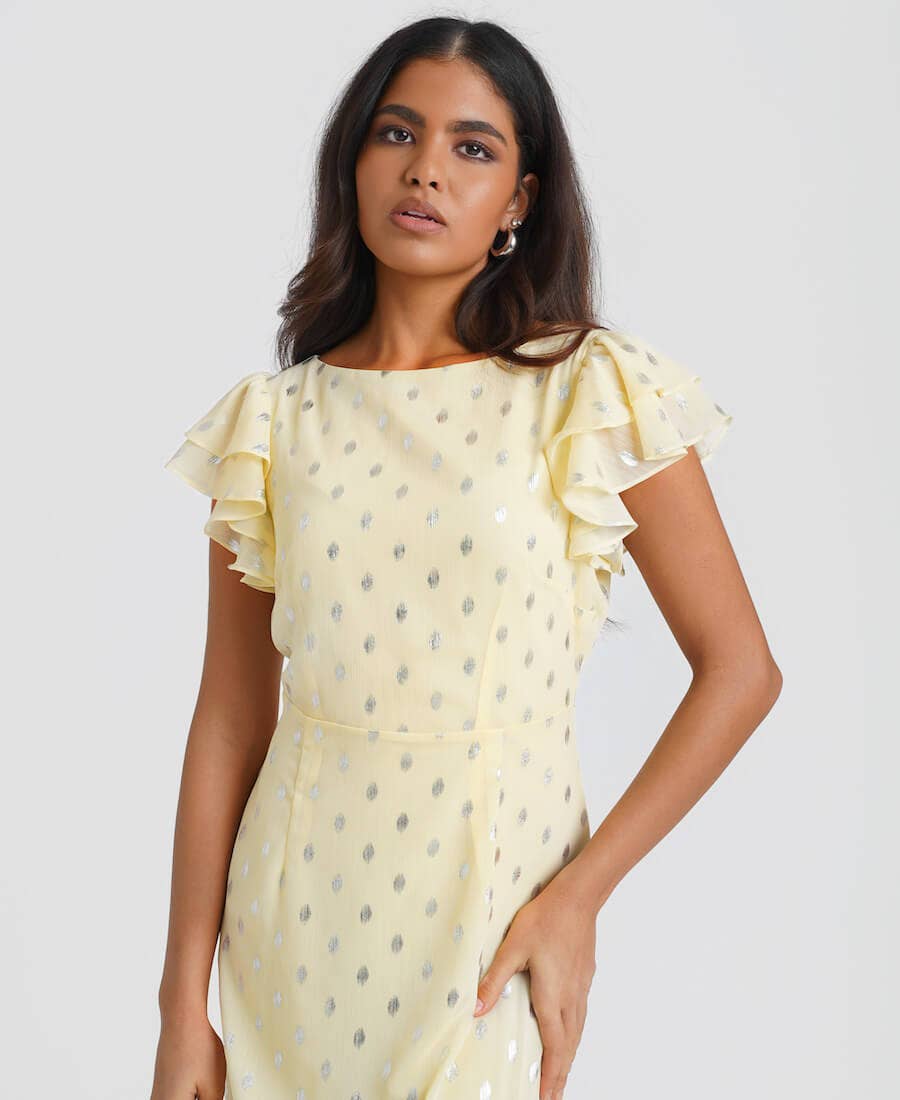 Lemon Flutter Sleeve Foil Midaxi Dress