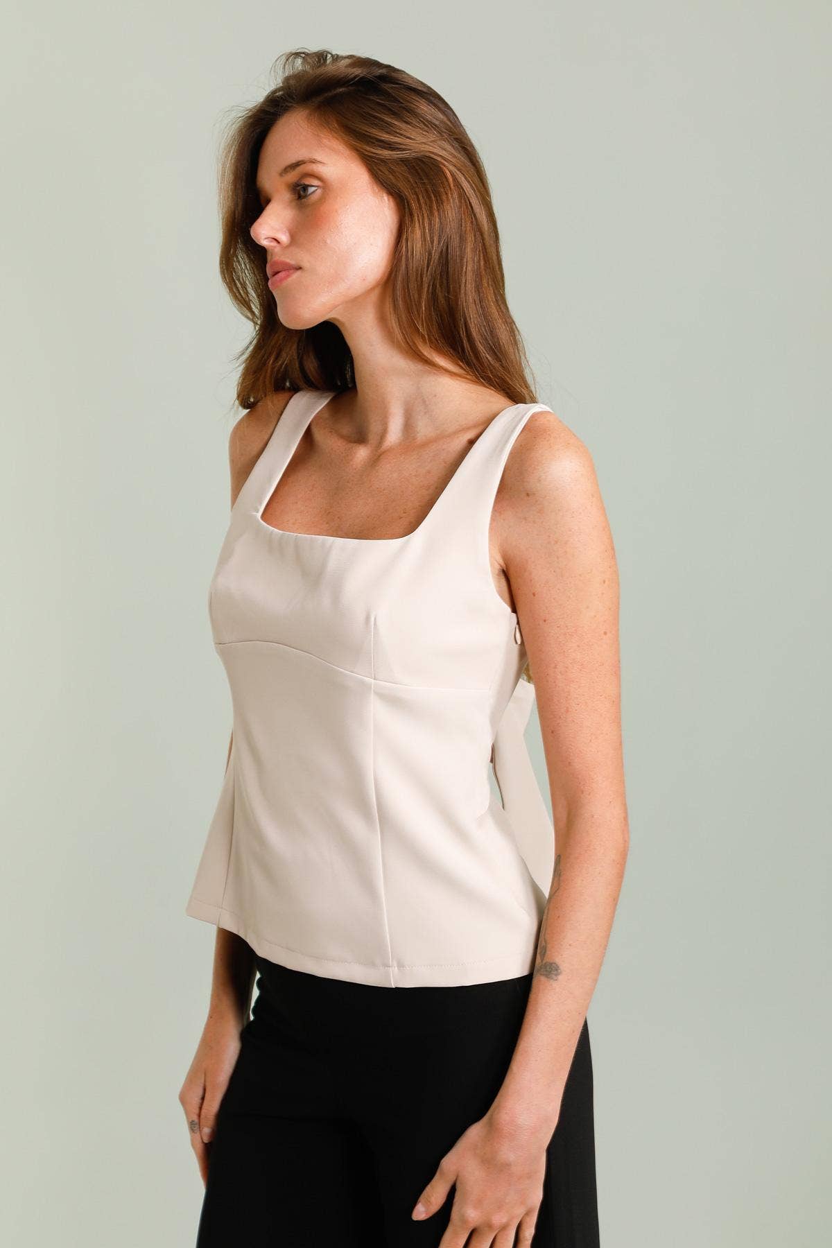 Square neck top with back knot in Beige
