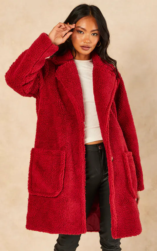 Burgundy Faux Fur Longline Teddy Overcoat