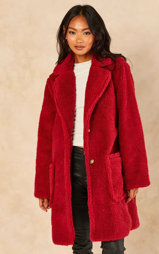 Burgundy Faux Fur Longline Teddy Overcoat