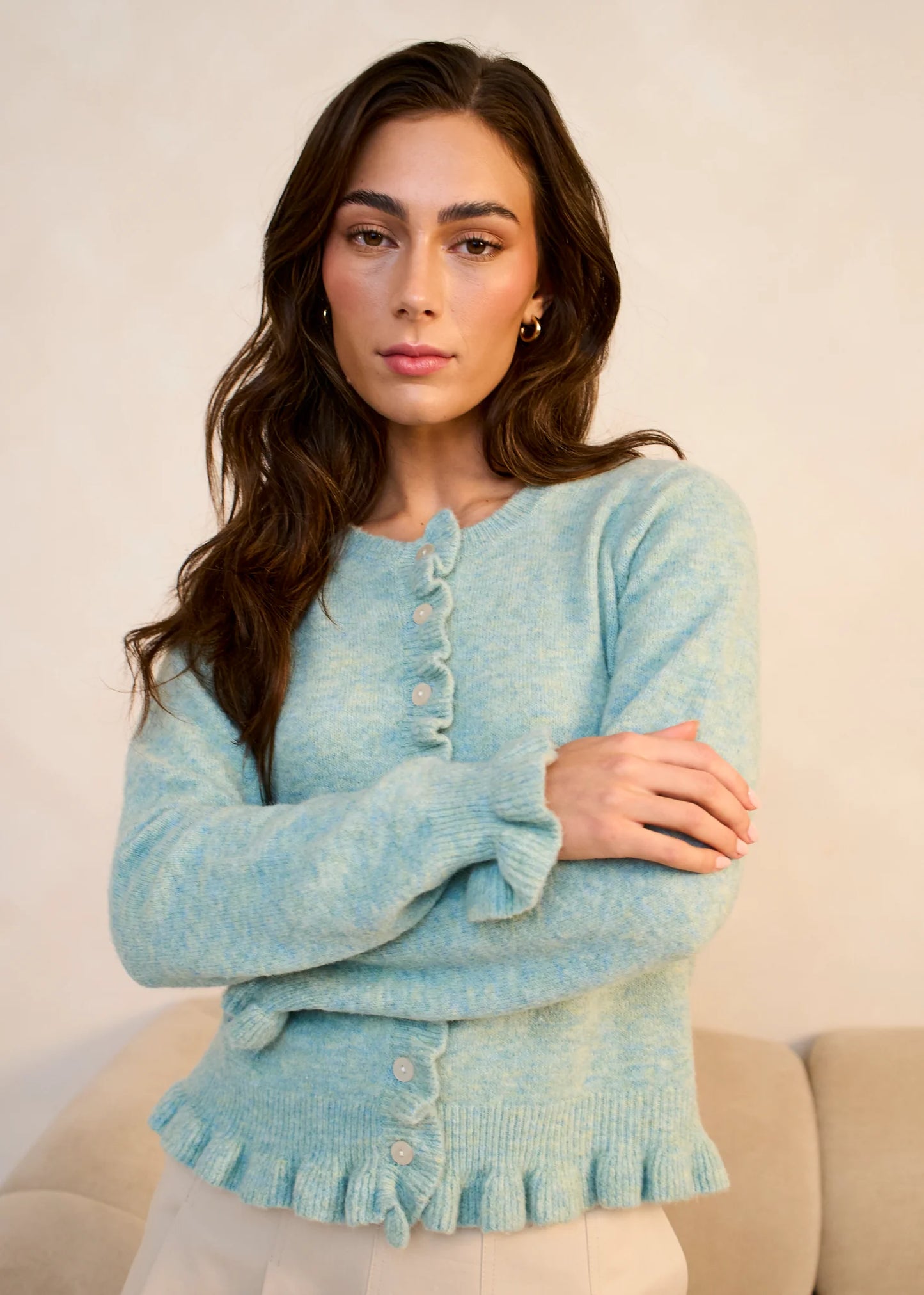 Green Long Sleeve Ruffle Front Cardigan