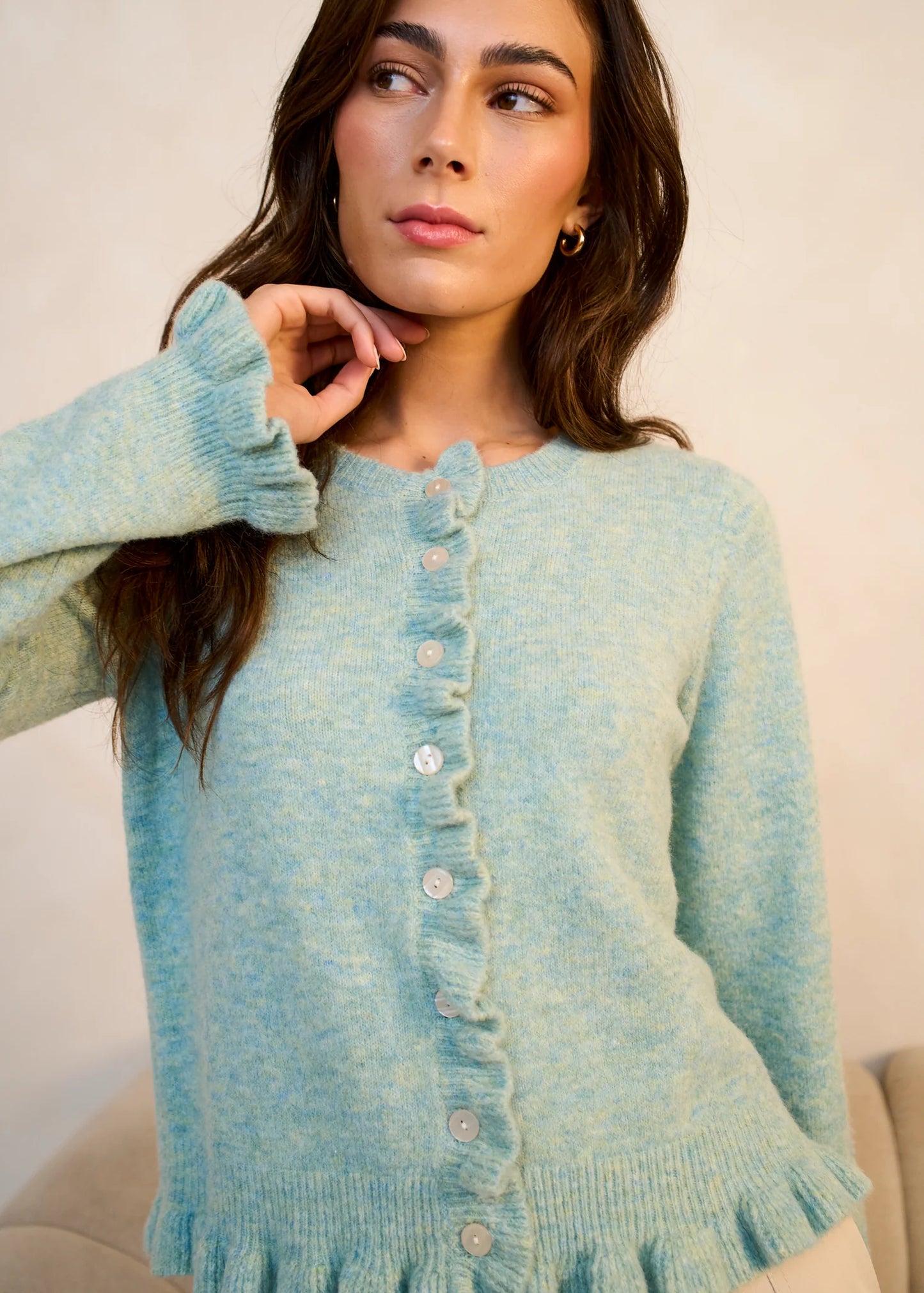Green Long Sleeve Ruffle Front Cardigan