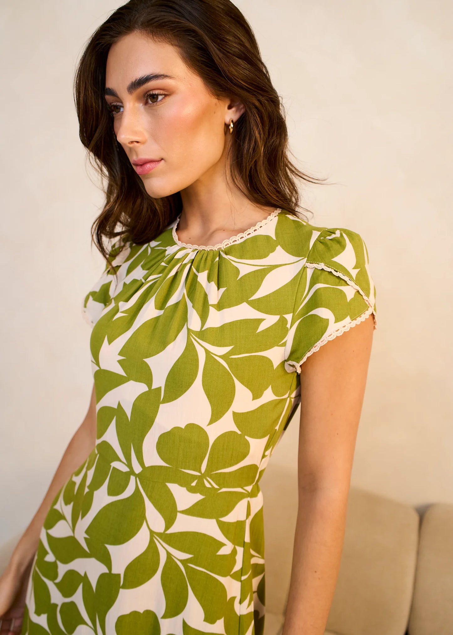 Green Petal Cuff Elasticated Waist Maxi Dress
