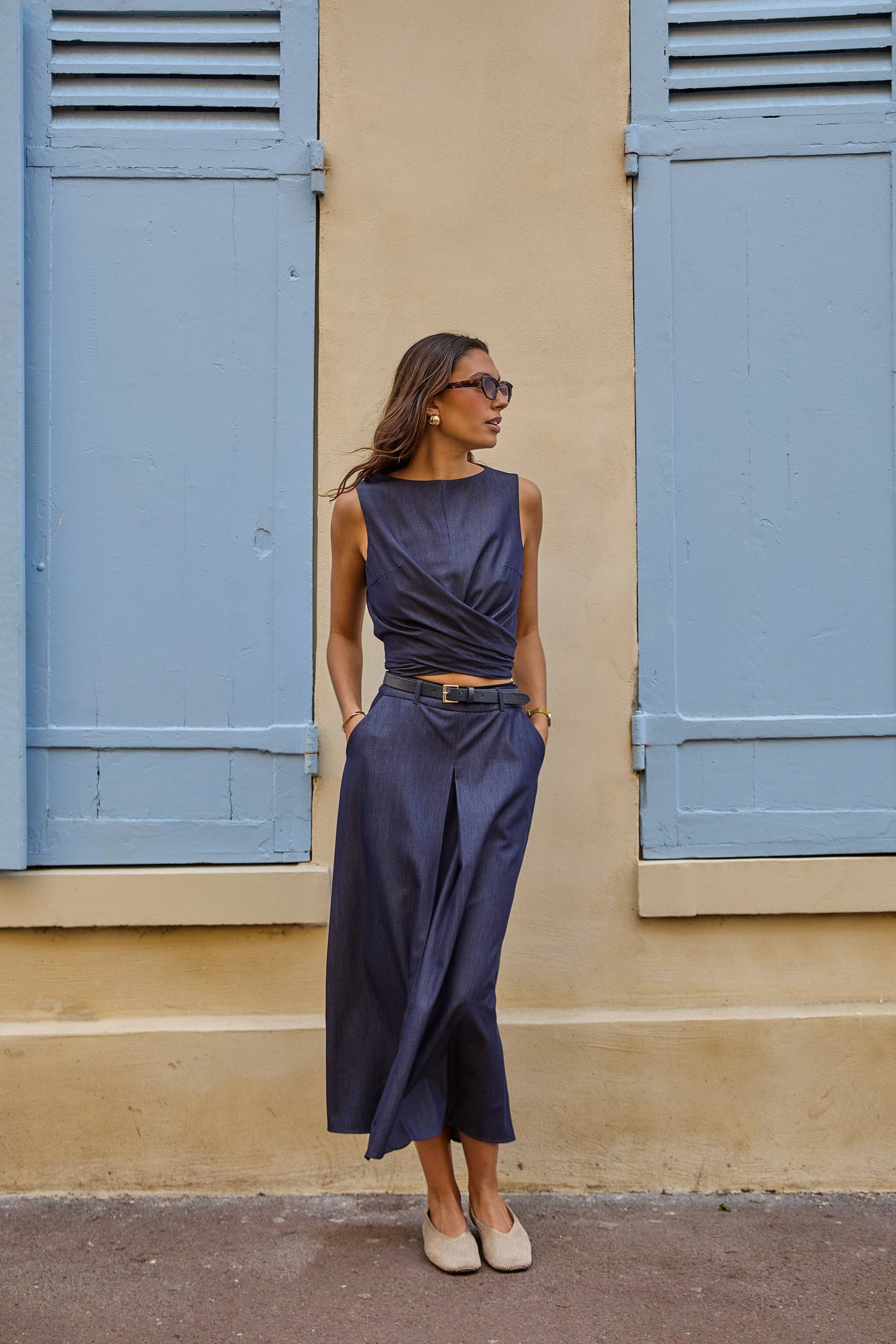 Trapeze denim skirt in Raw blue
