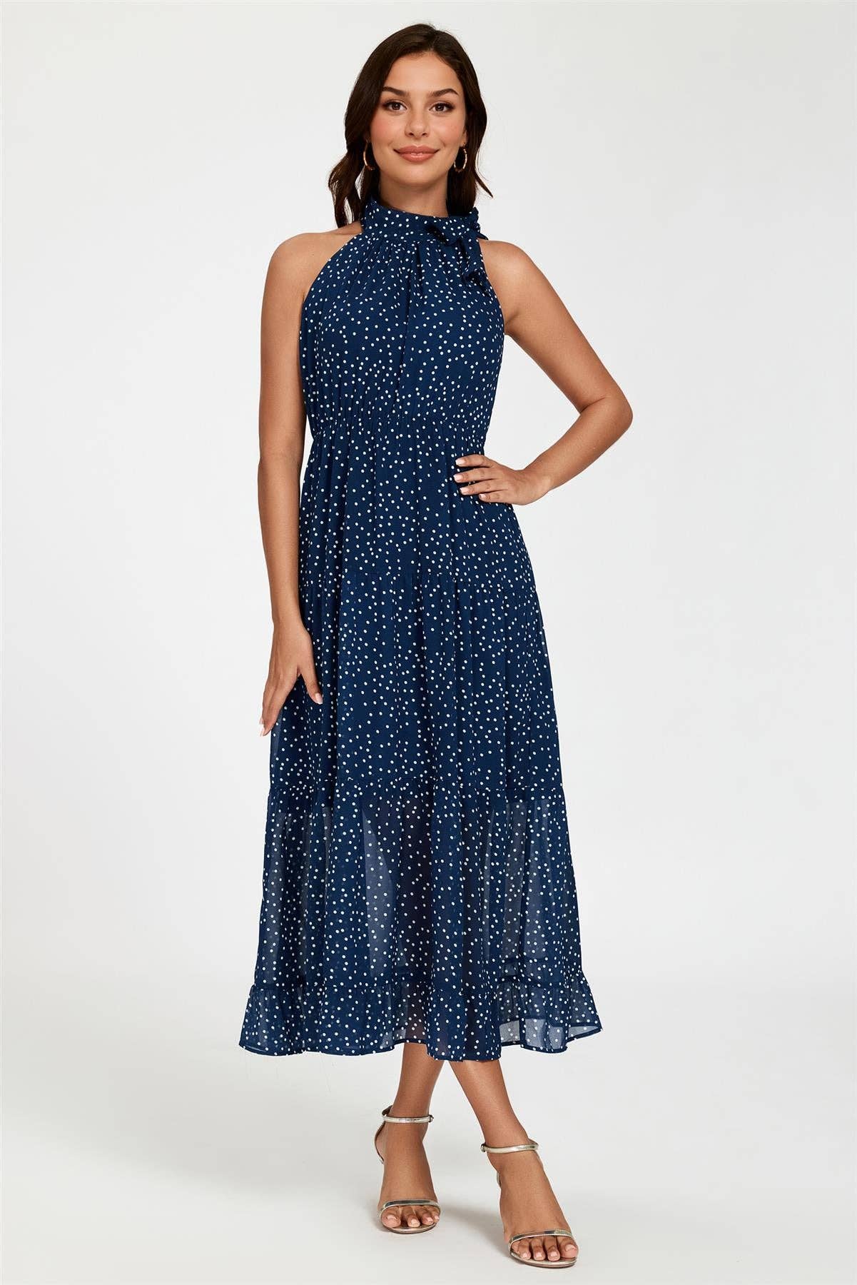 Polka Dot Halter Neck Dress In Navy