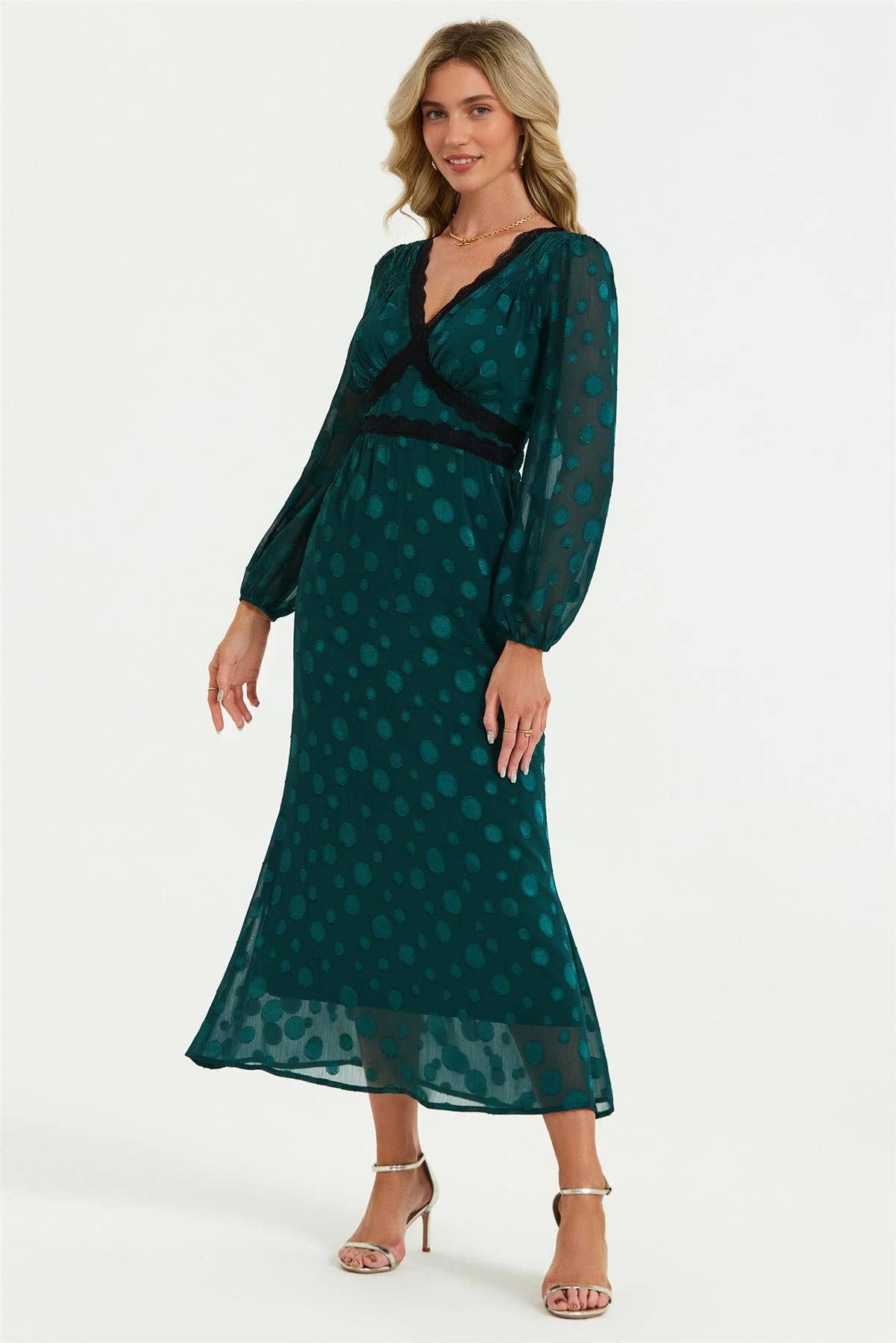 Jacquard Lace Trim Dress In Green