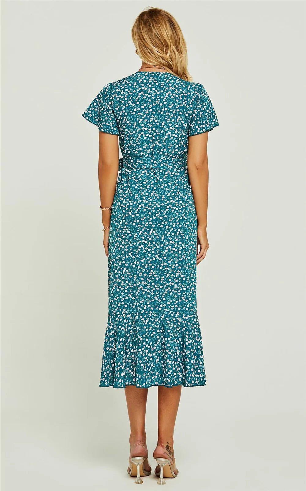 Wrap midi dress in green floral